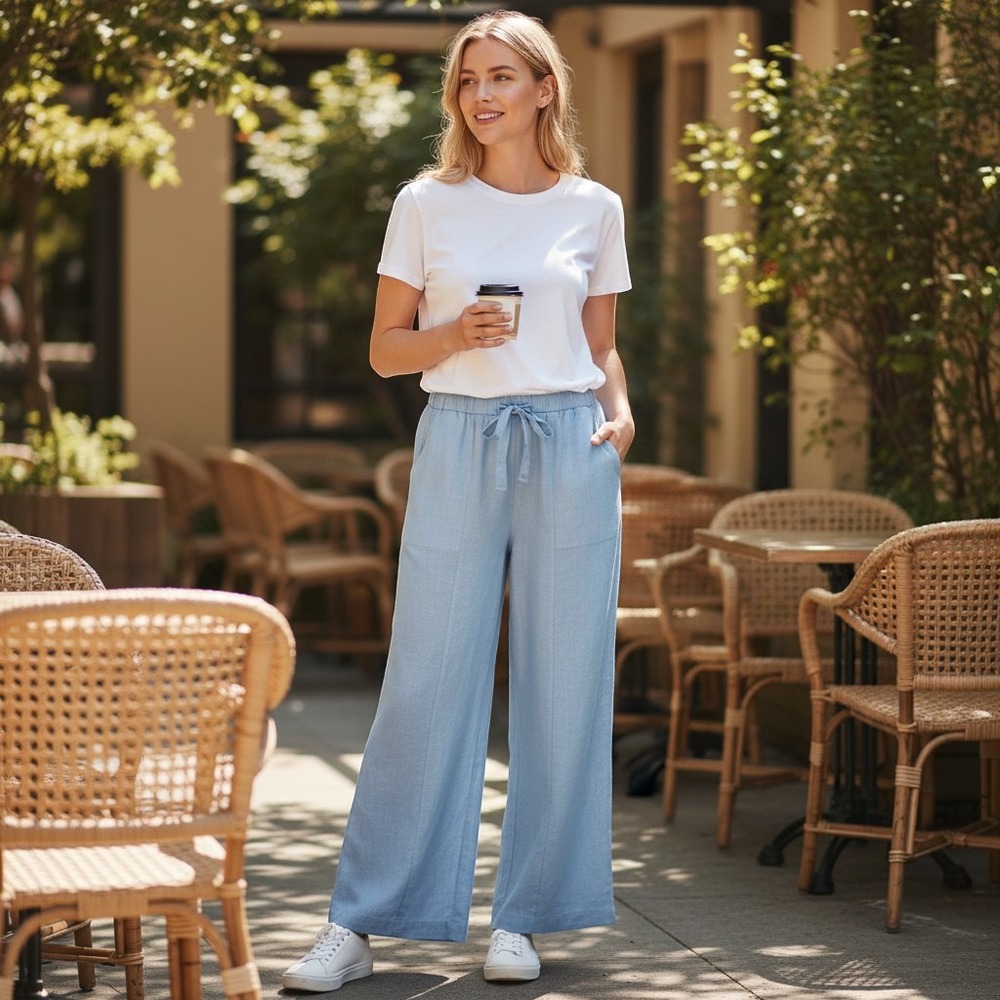 Caroline Constas Wide Leg Pants Women Large Light Blue NWT Linen Blend Pockets